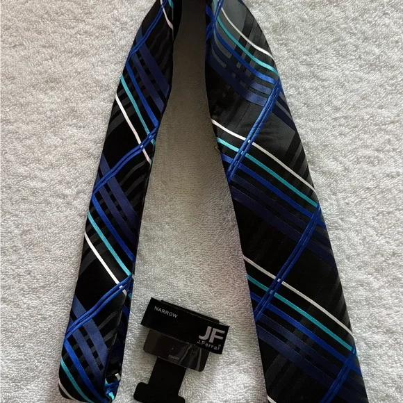 JF J.Ferrar Black and Blue Striped Tie - Picture 4 of 6